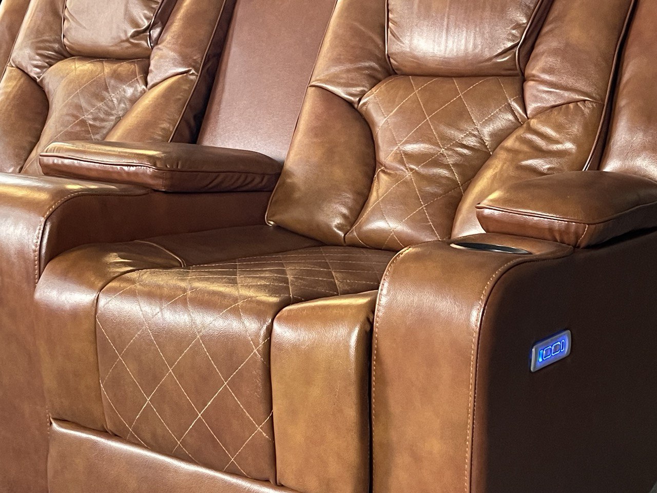 Amsterdam 3+2 Top Genuine Leather Electric LED Reclining Sofa - Tan