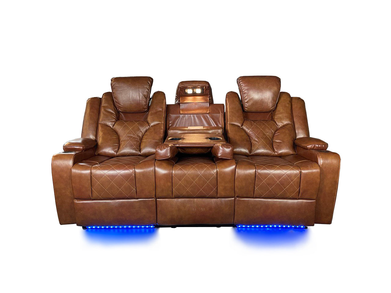 Amsterdam 3+2 Top Genuine Leather Electric LED Reclining Sofa - Tan