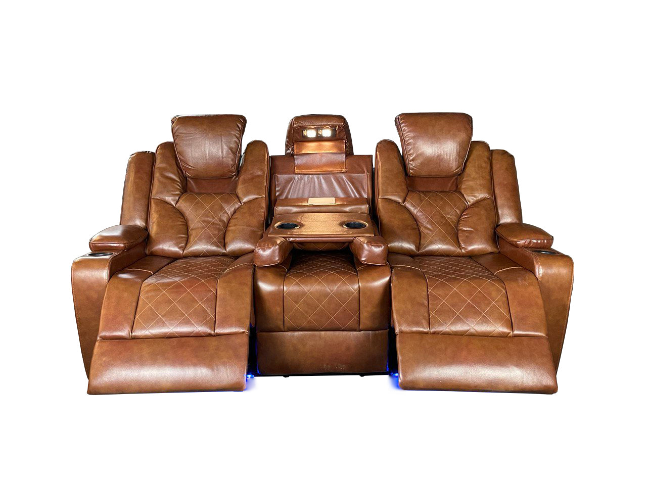 Amsterdam 3+2 Top Genuine Leather Electric LED Reclining Sofa - Tan