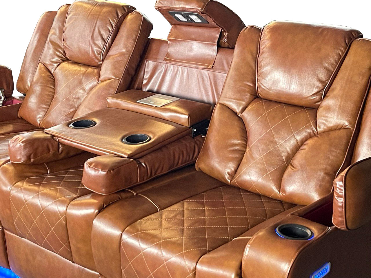 Amsterdam 3+2 Top Genuine Leather Electric LED Reclining Sofa - Tan