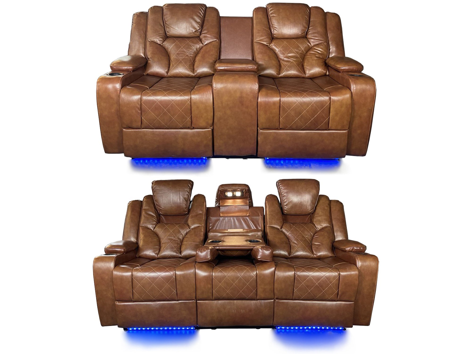 Amsterdam 3+2 Top Genuine Leather Electric LED Reclining Sofa - Tan